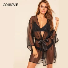 COLROVIE черный завязывается поясом из прозрачной сетки соблазнительное кимоно Для женщин пижамы неглиже Лето See Through женская одежда платье