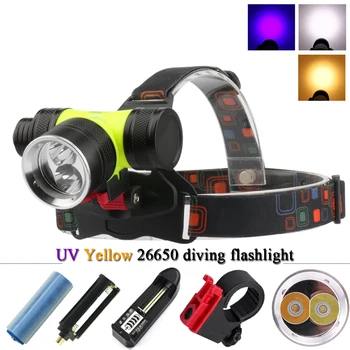 

Dual light source diving UV led head lamp 26650 xml t6 l2 underwater headlamp 18650 fishing waterproof head torch led headlight