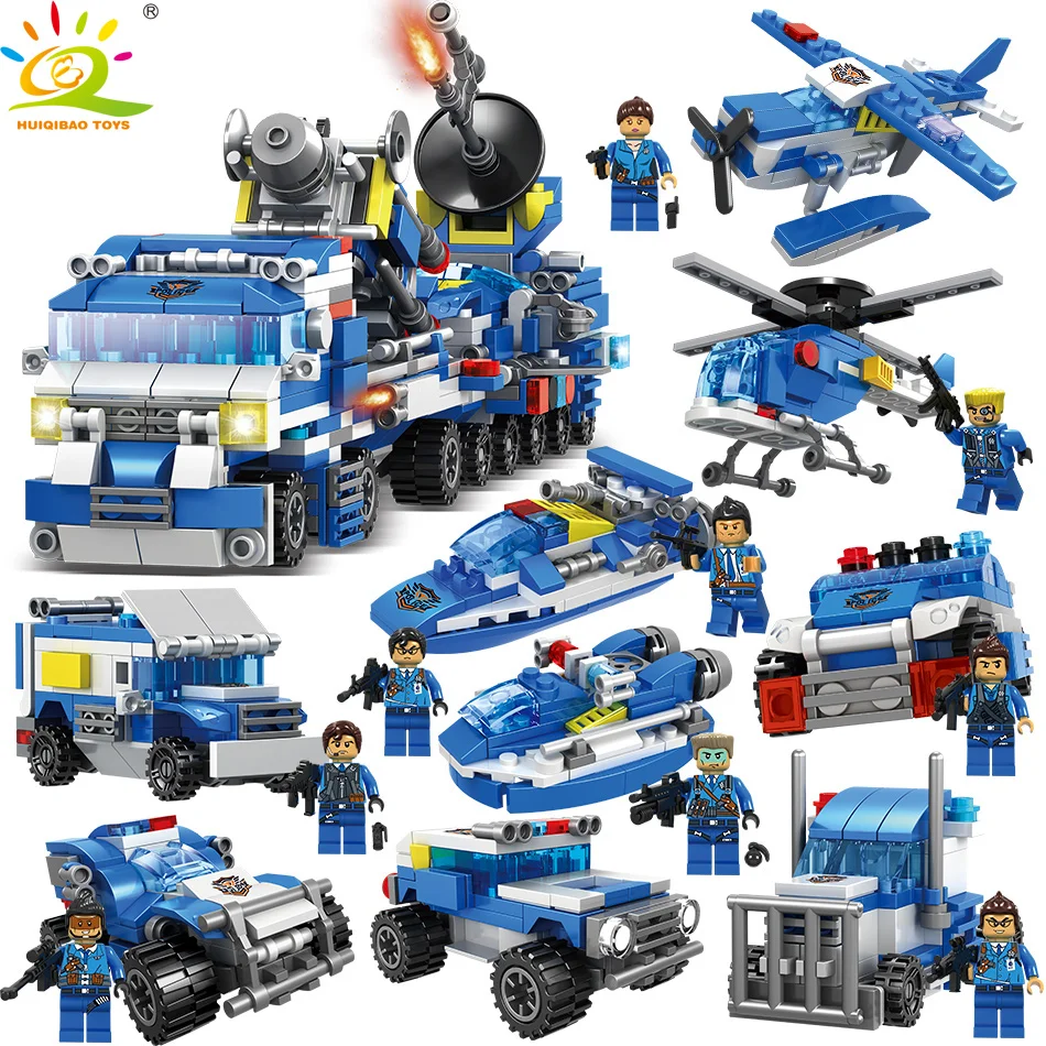 

780PCS 9in1 Police Trucks Helicopter Car Building Blocks legorreta City Boat Bricks policeman Figures Toys for Children 1change3