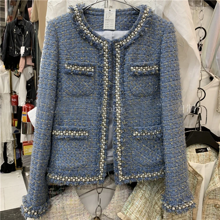 

Women's Luxury Blue tweed jacket 2019 runway long sleeve with pearls coat designer high quality elegant formal coat