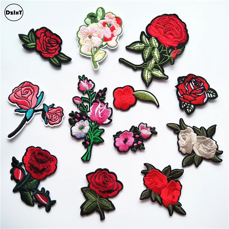 

12 PCS/LOT Roses Parches Embroidery Iron on Patches for Clothing DIY Stripes Clothes Flowe s Stickers Plant Appliques @Z0