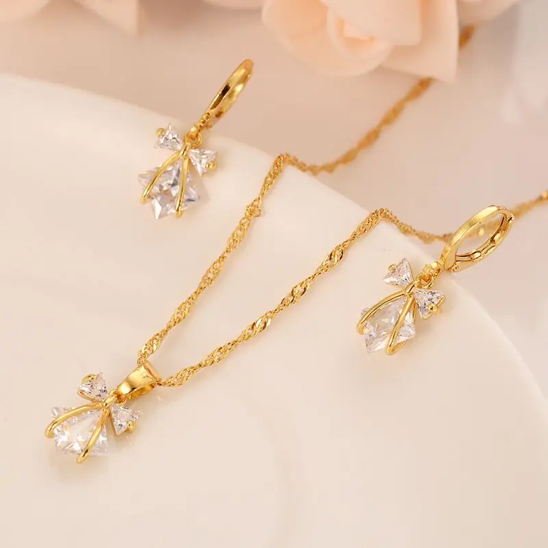 

New Fashion Bridal Trendy Bowknot White crystal Cubic Zircon 18 K Yellow Fine gold gf CZ Pendant Earring Necklace Jewelry Sets