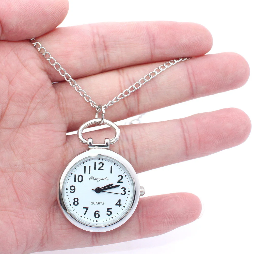 

Drop Shipping Round Women Quartz Pocket Watch with Free Chain Pendant Key Ring Men Gift Simple Watches Silver Watch GL82