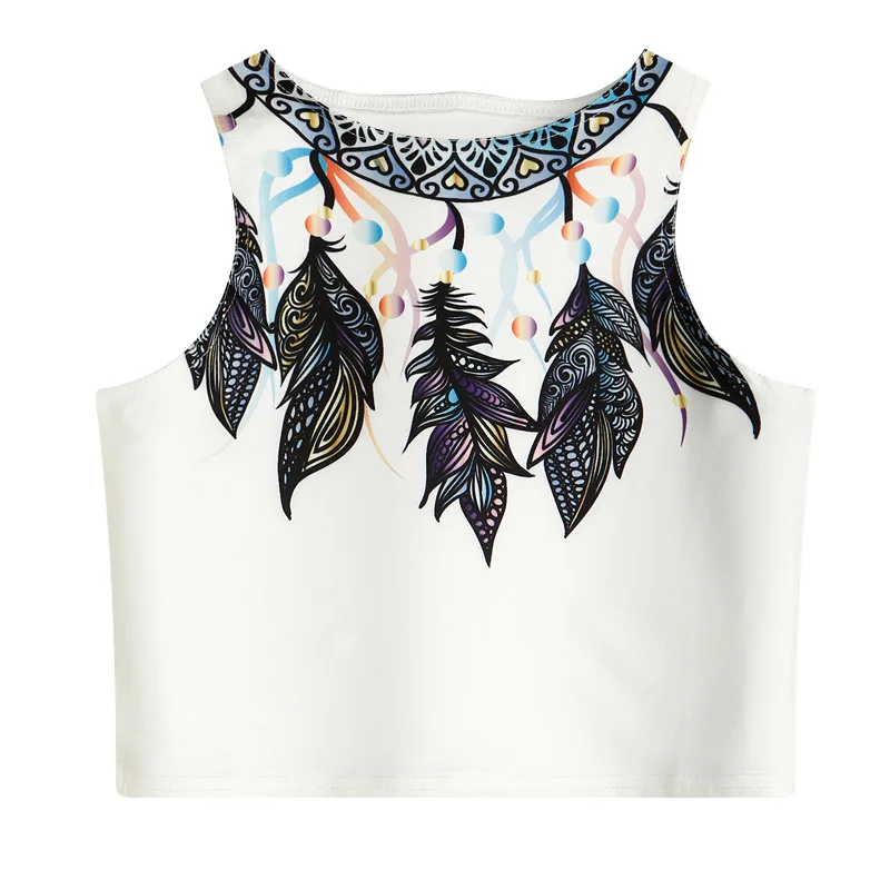 

Women Sleeveless T-shirt Vest Tees Summer Casual O-neck Tops Feather Print White Short Tees Top