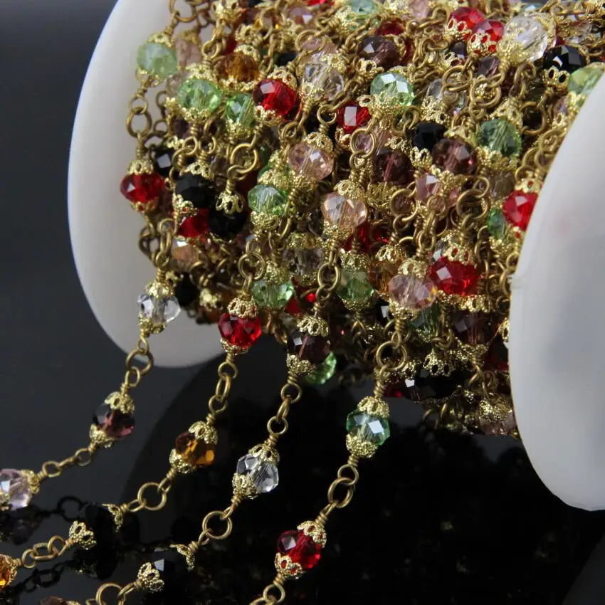 

5Meter Multi-color Glass Rondelle Rosary Chains,Brass Wire Wrapped Chain With Fashion Gold parts Necklace bracelet Jewelry