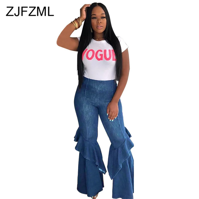 

Cascading Ruffles Sexy Denim Trousers Women Fashion Blue High Waist Bell-Bottomed Pants Streetwear Plus Size Bodycon Flare Pant