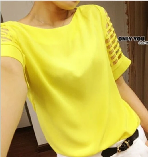 

New Women Summer Fashion Tops Short-sleeved Chiffon Blouse Hollow blusa feminina Plus Size clothing S-5XL