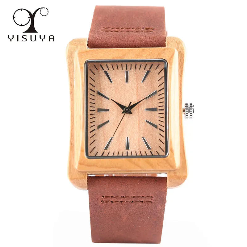 

2018 New Arrival Unique Rectangle Dial Analog Handmade Soft Leather Strap Wood Bamboo Watch Wooden Men Wrist Watch Gifts