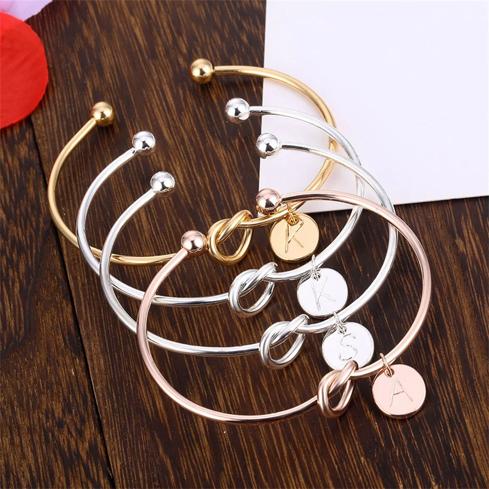 

KISS WIFE Women Creative Simple Initial Knot Bracelet 26 Letters Girlfriends Bracelet Love Bridesmaid Opening Bangle Jewelry