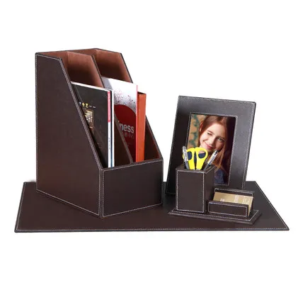 Роскошные офисные наборы из кожи Настольный ящик для хранения канцелярских принадлежностей держатель ручки креативные офисные принадлежности подарки - Цвет: coffee 1set 4pieces
