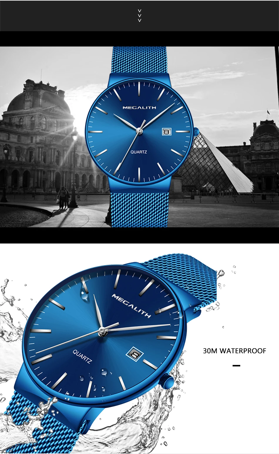 Модные Повседневные часы MEGALITH для мужчин, тонкие спортивные часы из сетчатой стали, водонепроницаемые кварцевые часы с хронографом, мужские часы
