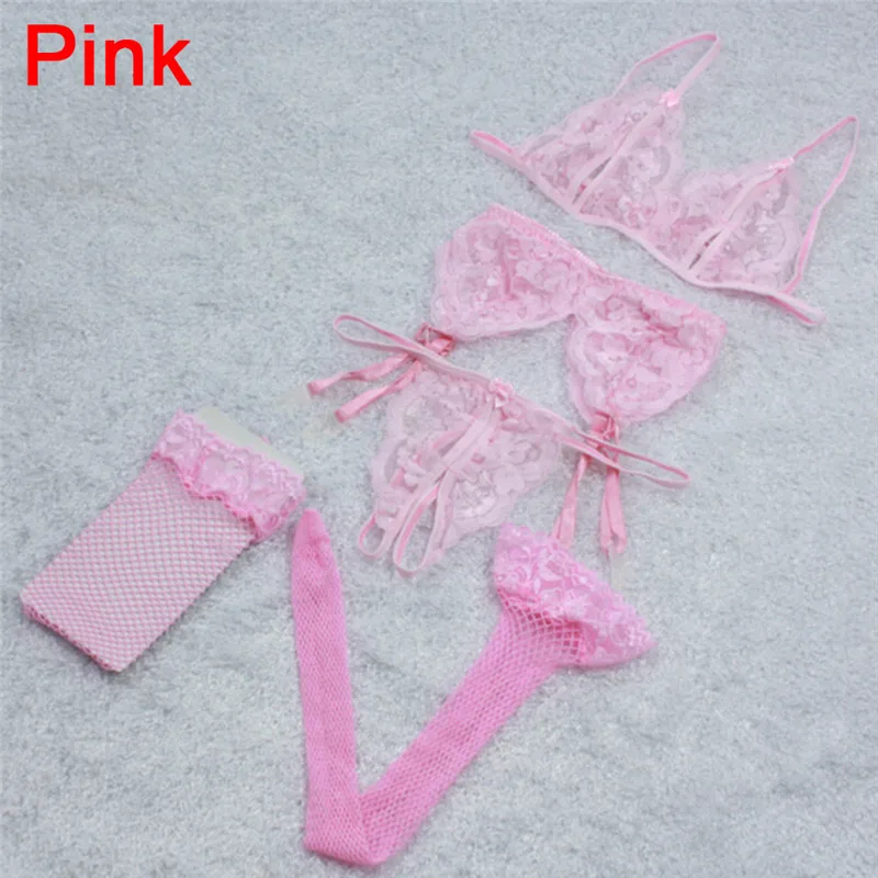4PCS/set Underwear Women Bra Brief Sets Sexy Lace Open Crotch G-String + Bra + Sling Lingerie Set Cueca