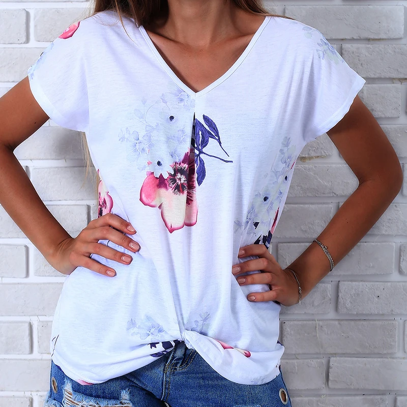 Best Sell Fashion White Print Leisure Vestidos Short Sleeve V Neck