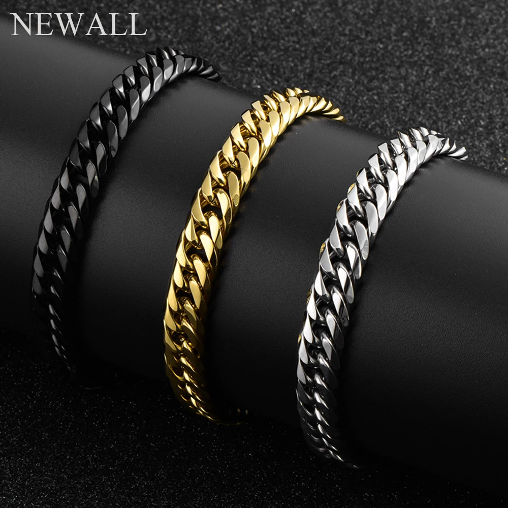 Newall мужской браслет из нержавеющей стали высшего качества, серебряный кубинский браслет на цепочке 8-14 мм, толстая ширина, модные ювелирные изделия