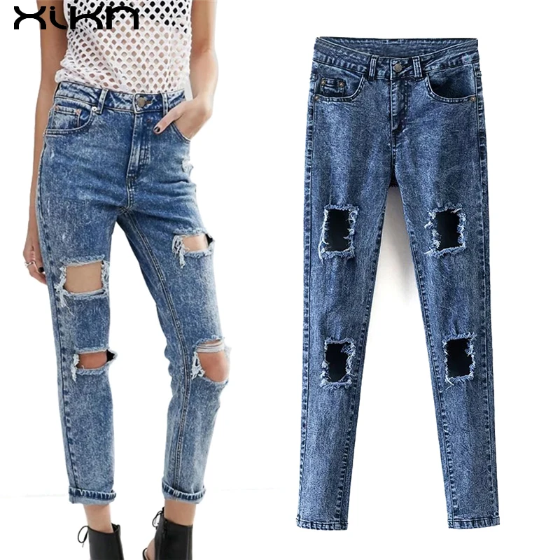 2017 Women Fashion Denim Trousers Blue Knee Ripped Cropped