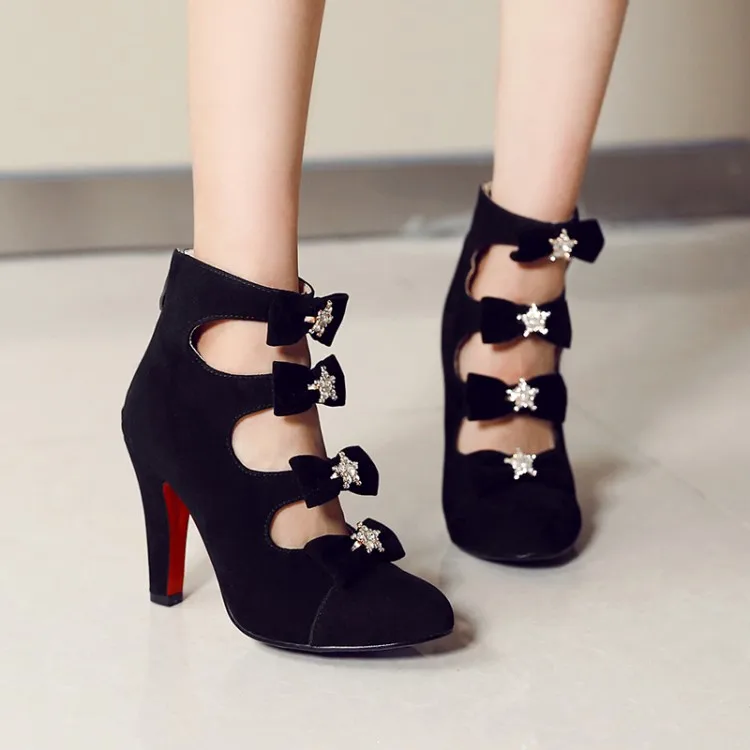 

Big Size11 12 13 14 15 16 17Suede round-headed butterfly-knot water drill hollow back zipper high heel short-barrel Martin boots