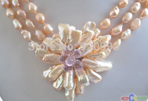 

Wholesale fast P&P****P4328 3row 16" pink baroque pearl biwa crystal flower pendant necklace