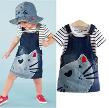 Hot Sale 2PCS Baby Kids Girls Striped Top T-shirt +Cat Denim Jeans Overalls Dress Skirt Sets 2-7Y