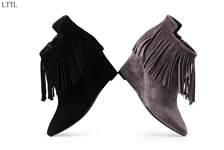 Elegant Solid Black/Grey Fringe Casual Women Spring/Autumn Shoes Shallow Wedge High Heels Women Ankle Boots Free Ship Size 8.5