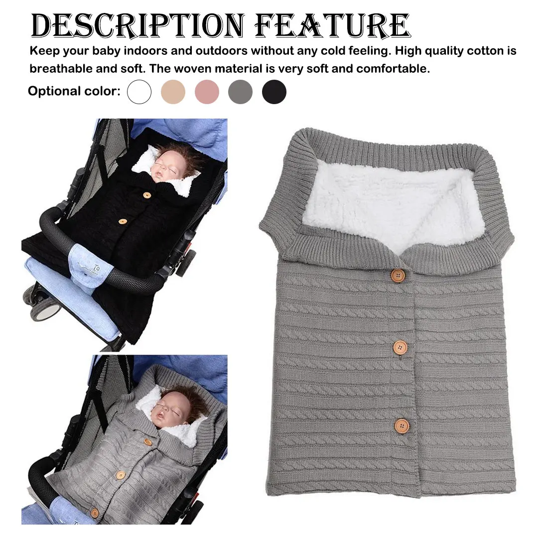 

Warm Baby Sleeping Bag Footmuff Infant Button Knit Swaddle Cotton Knitting Envelope Newborn Swadding Wrap Stroller Accessory