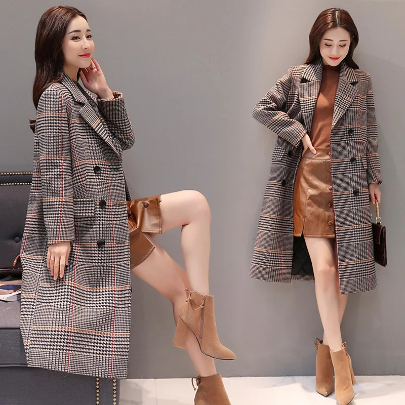 blanc Section D'hiver Col Longue Nouvelle Haute Qualité Automne Lâche Coupe De Coréenne Plaid Tailleur Rétro vent La Laine Femmes Version Et Rouge wP0O8nk