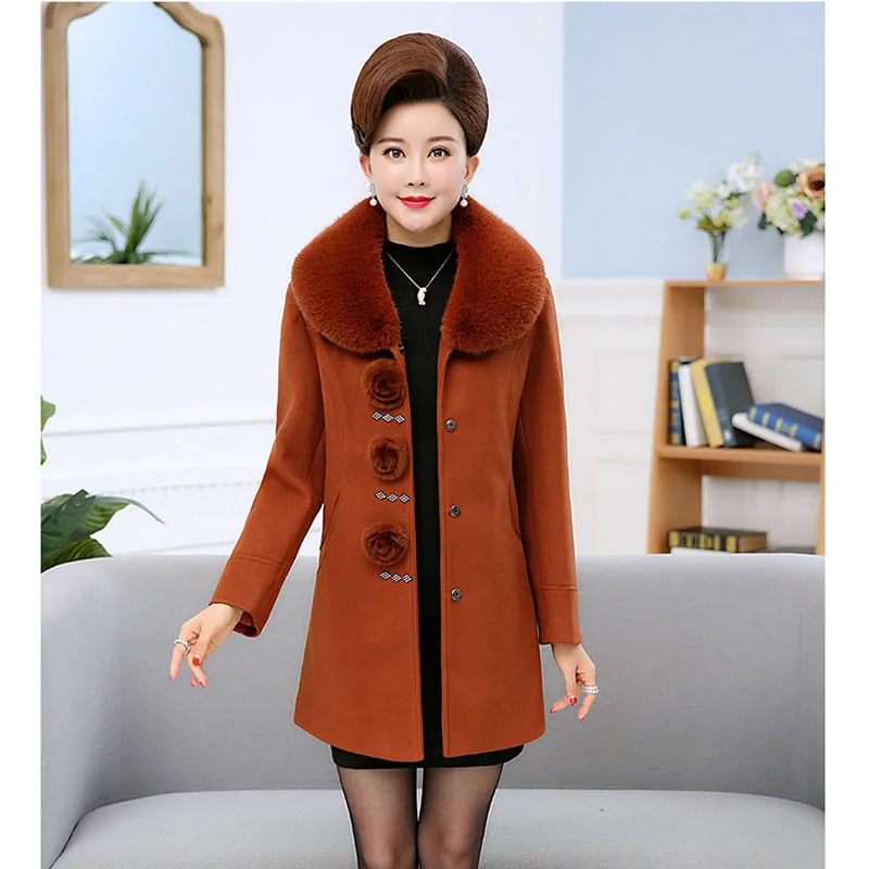 Boutique Womens winter new wool coat high-end fashion thickening warm jacket middle-aged large size Fur collar trench coatOKXGNZ