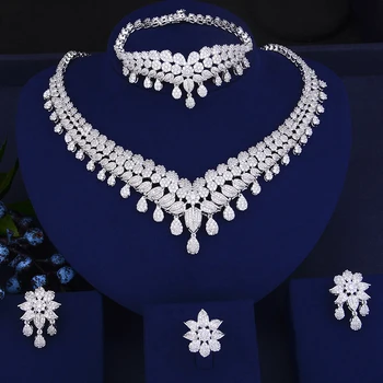 

Luxury New Teardrop Shape Collar Necklace Earrings Bracelet Ring Jewelry Sets Cubic Zirconia Wedding Jewelry Sets For Women