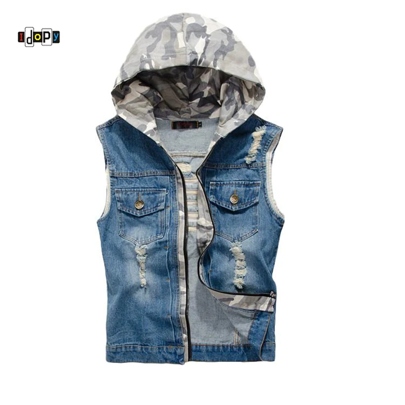 Летняя мужская джинсовая жилетка Idopy со съемным капюшоном приталенная винтажная