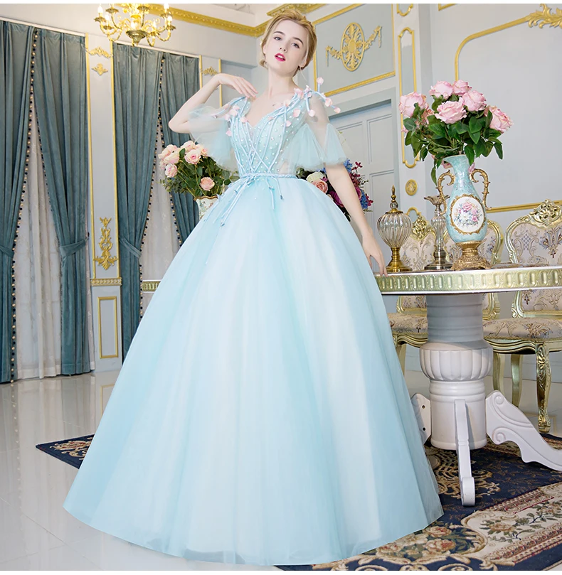 

100%real light blue rhinestone beading petals court ball gown medieval dress Renaissance Gown princess costume Victorian dress