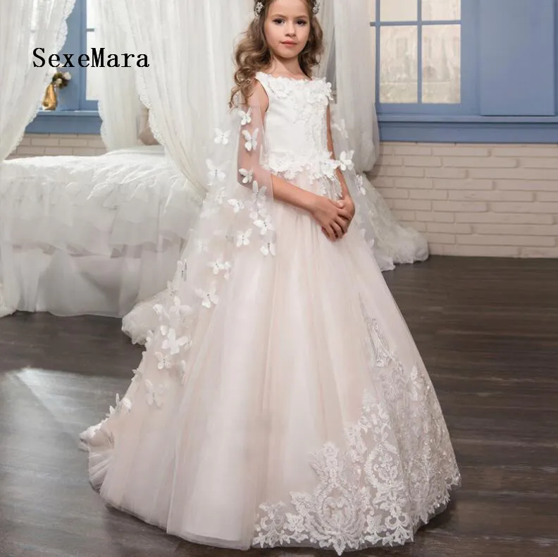 White Lace Light Pink Flower Girls Dresses For Weddings Appliques Tulle Satin with Detachable Cape Pageant | Свадьбы и торжества