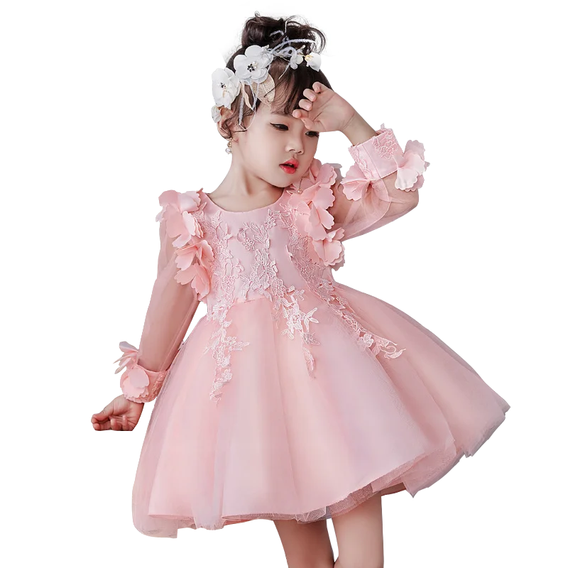 Летние кружевные платья с объемным цветком для девочек от 3 до 12 лет, элегантная праздничная одежда с длинными рукавами для девочек-подростков торжественное детское платье