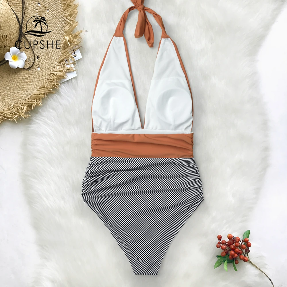Günstige CUPSHE Solide Und Streifen Halter One stück Badeanzug Frauen V neck Backless Monokini 2020 Damen Strand Bade Bademode