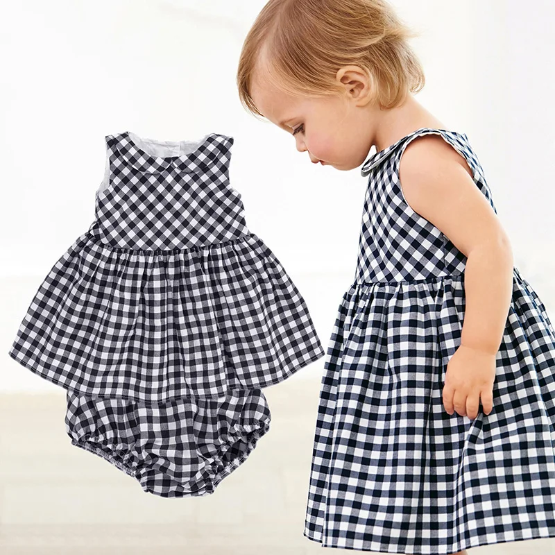 Baby-Girls-Dress-2016-New-Casual-Plaid-Sleeveless-Turn-down-Collar-Princess-Dress-Plaid-shorts-2pcs