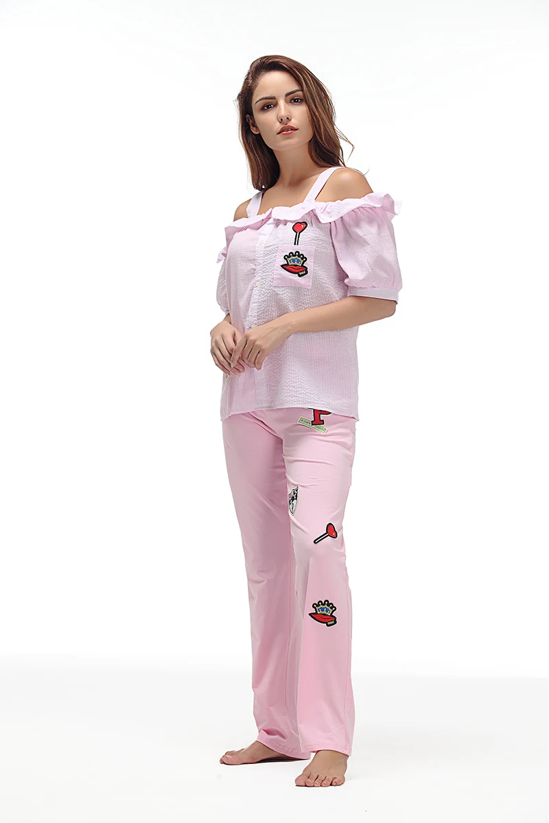 Yusano Pajamas Women Embroidery Camisole Short Sleeve Ruffle Sleepwear Girl Blue Pink Stripe Homewear Cotton Top+Long Pants