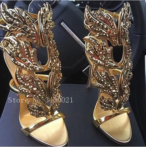 

2018 Hot Luxury Brand Crystal Studdes Leaf Women Sandals Summer Thin High Heels Flats Ankle Buckles Shoes Woman Party