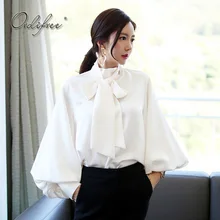 Ordifree Летняя женская шелковая блузка элегантная женская шифоновая блузка с длинным рукавом и галстуком-бабочкой белая офисная рубашка Топ атласная блузка