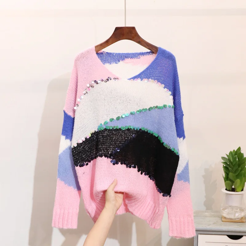 Off Shoulder 2018New autumn Women's Loose sweaters fashion pullovers Sequin V-neck Contrast color Street wear knitted jumpers | Женская