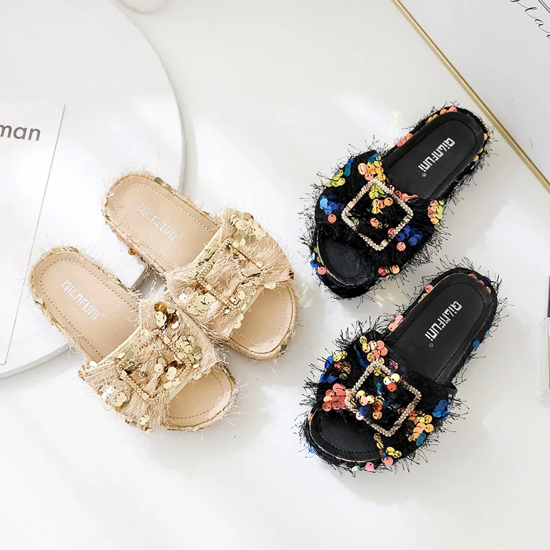 

Woman Shoes Luxury Slippers Platform Med Fringe Slides On A Wedge Designer Sliders Mesh Bling Wedges Basic Fashion Rubber PU