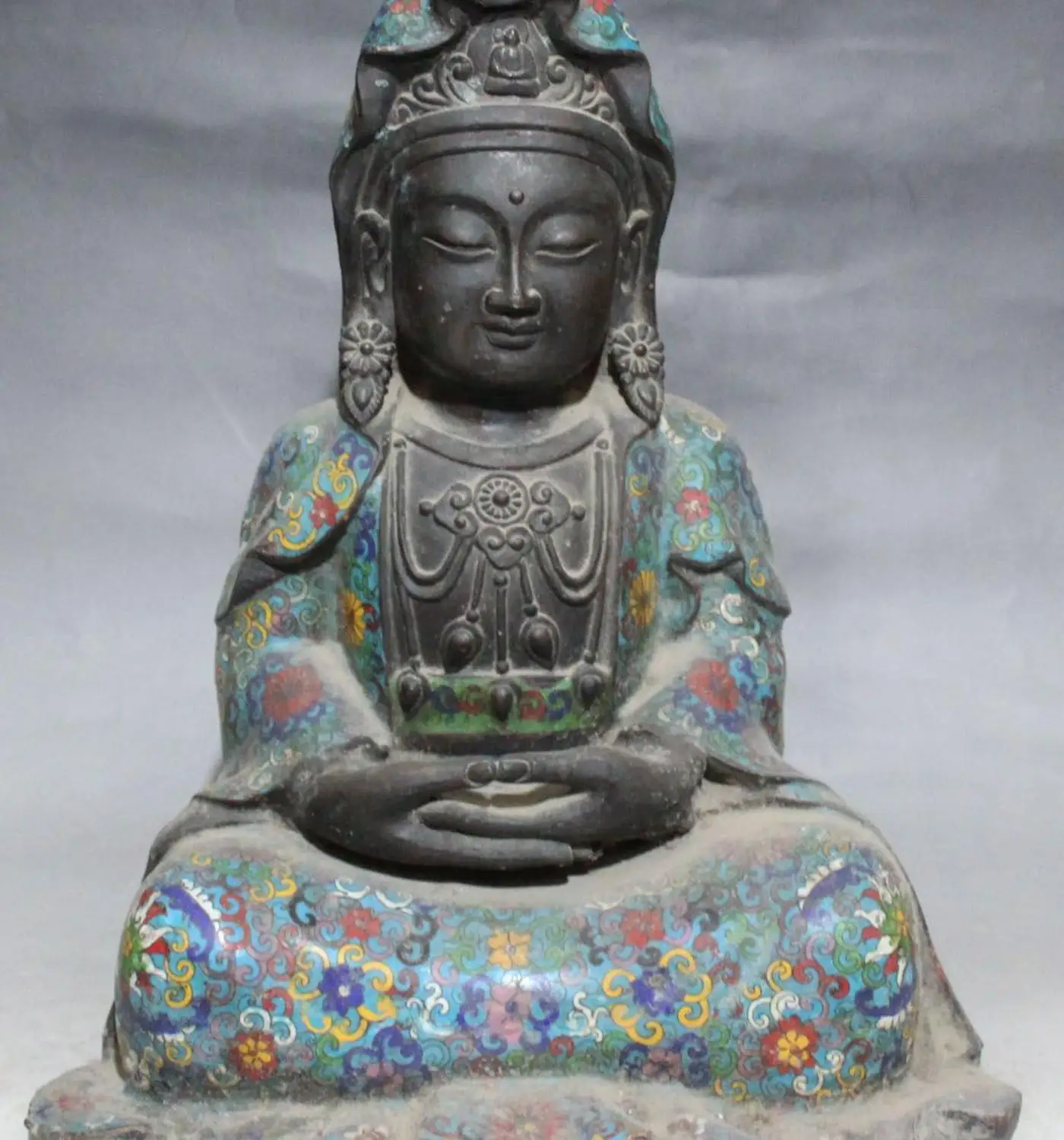 

16" Chinese Bronze Cloisonne Enamel Kwan-yin Bodhisattva Goddess Buddha Statue