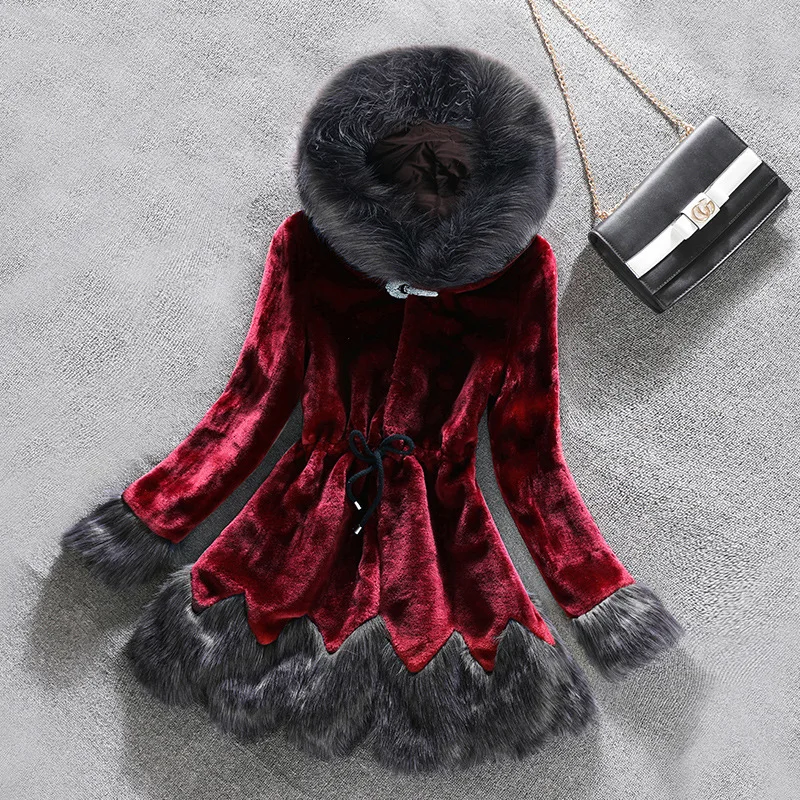 

Red Wine Faux Fur coat Women 2019 Autumn Winter Mink coat Fox fur collar Hooded Jacket Plus Size 6XL top Fur Coats female X933