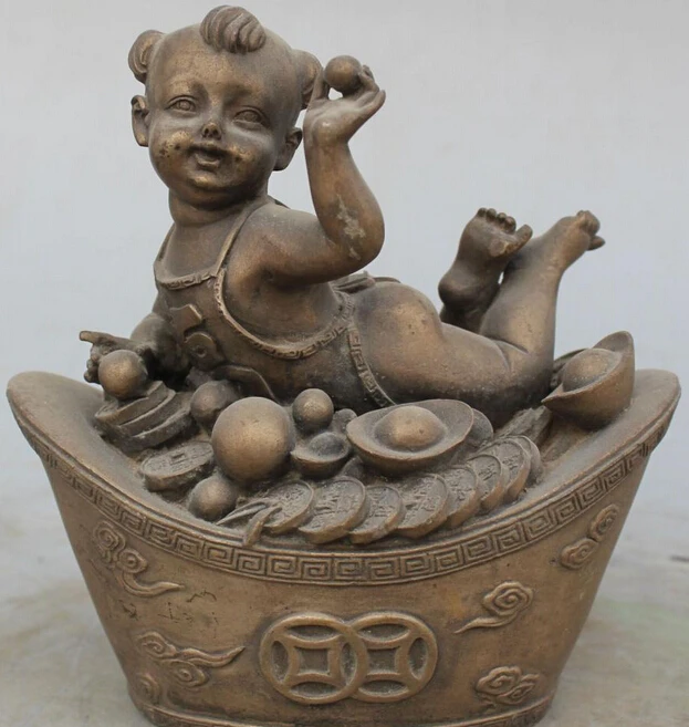

6"Chinese White Copper Rich Wealth Money Yuan Bao Boy Girl Garr Statue Sculpture S0708