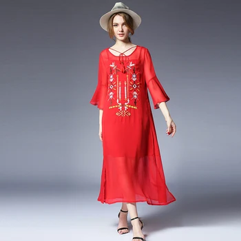 

2018New Summer Ladies embroidery Chiffon long Dress Elegant Vestidos flare sleeves Casual beach dress twinset PLUS SIZE XL-XXXXL