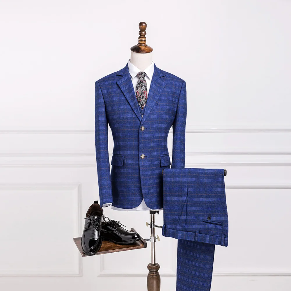 Real picture Dark Blue Check Men Suit Tailored Plaid Suits For Men