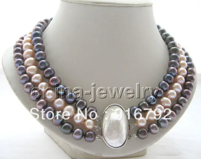 

free shipping >>>>>19"3row 10mm natural black pink round FW pearl necklace