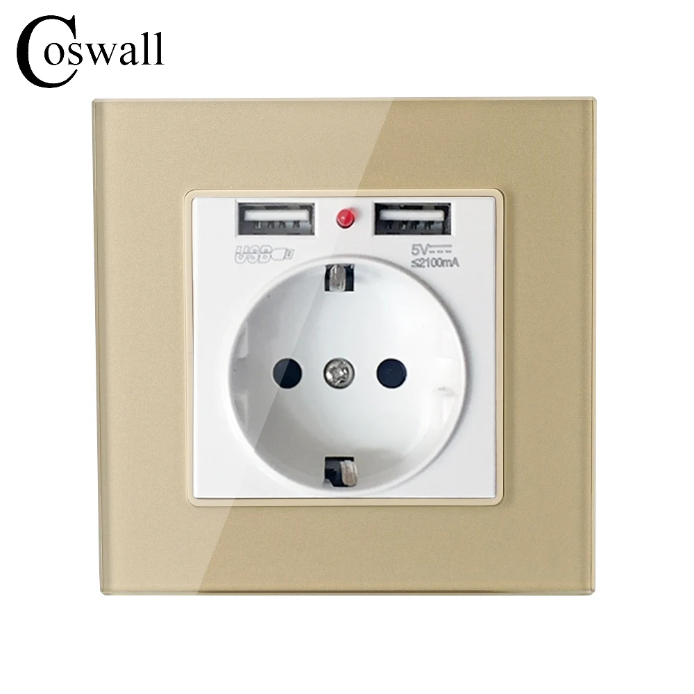Panneau mural en verre cristal double prise de courant avec prise de terre 16 A EU avec double port de charge USB 5 V 2 A