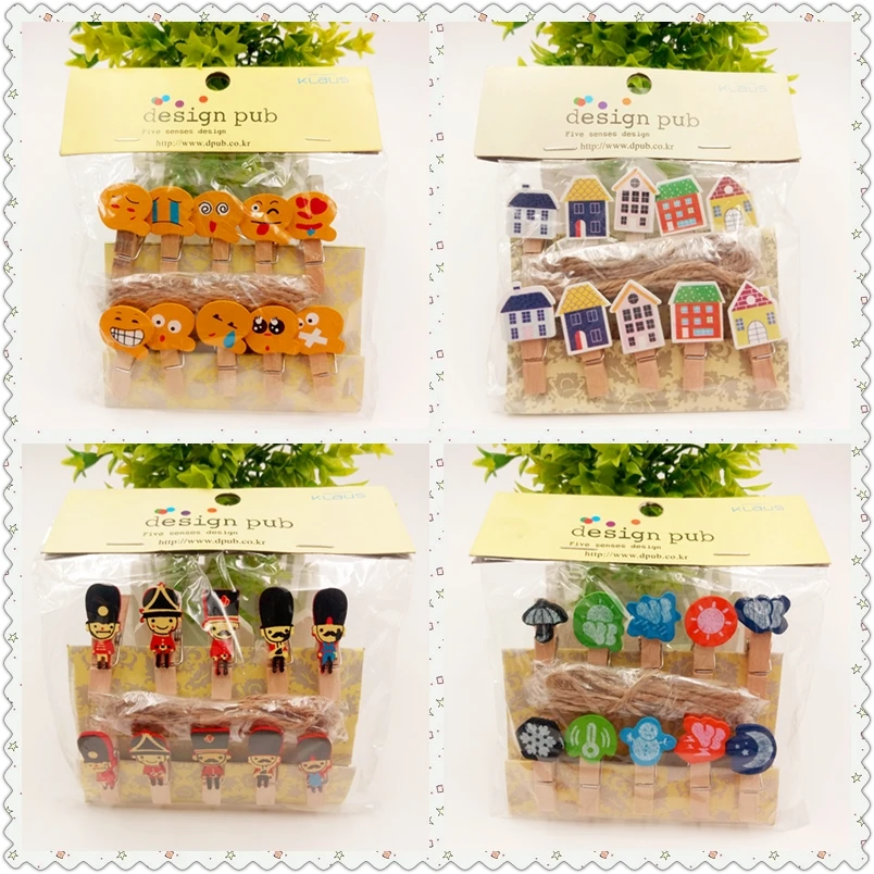 

10pcs Kawaii Smiley face house Wooden Clips Photo Paper Craft Memo Clip With Hemp Rope DIY Clothes Peg Decoration Office Binding