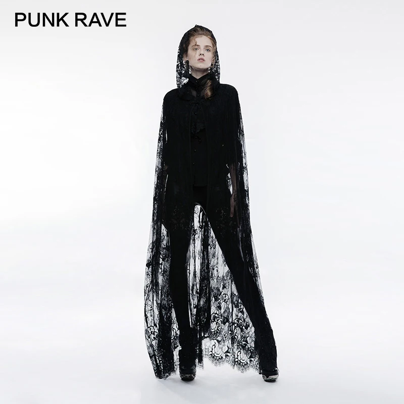 

PUNK RAVE Gothic Positioned Lace Flower Network Embroidery Transparent Long Cloak Hood Victorian Black Coat Concise Jacket