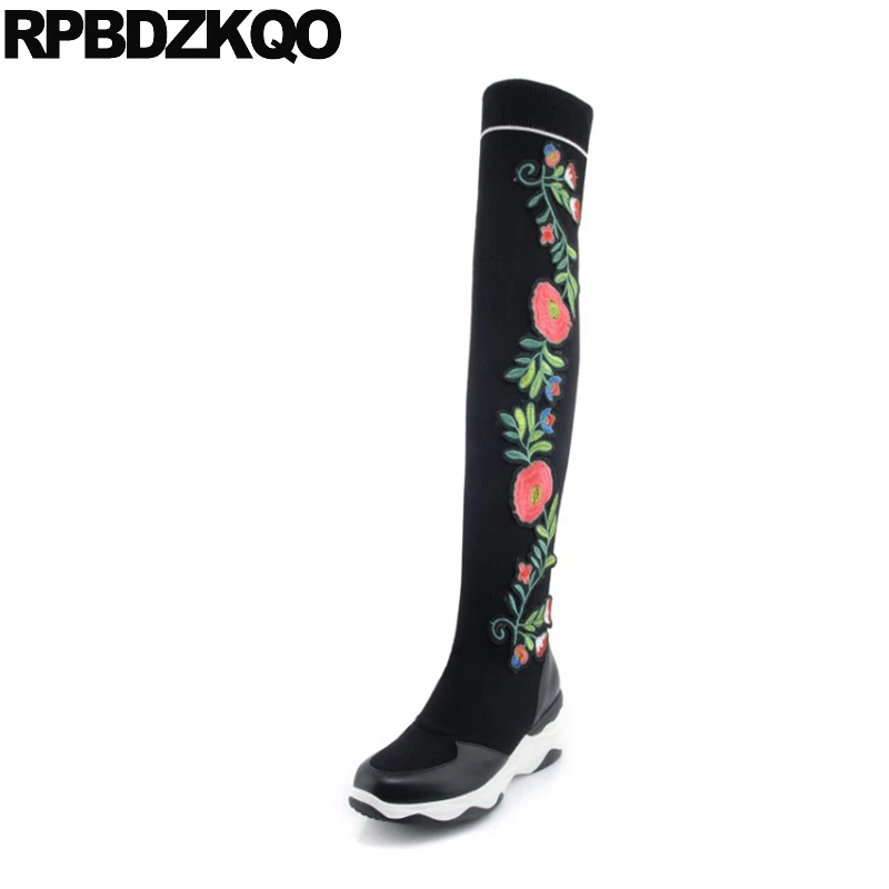 

Platform Flower High Heel Embroidery Slim Slip On Thigh Embroidered Muffin Women Boots Winter 2017 Stretch Sock Over The Knee