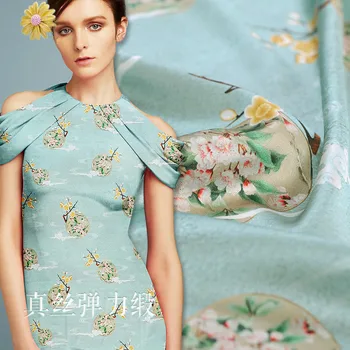 

Free shipping Silk stretch satin fabric 19mm135cm wide digital printing small home jasper silk stretch satin fabric dress