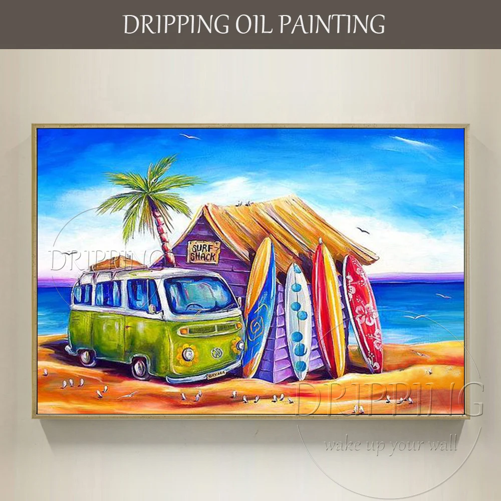 

Excellent Artist Hand-painted Colorful Oil Painting Vacation Time Beach Landscape and Touring Car Oil Painting for Living Room